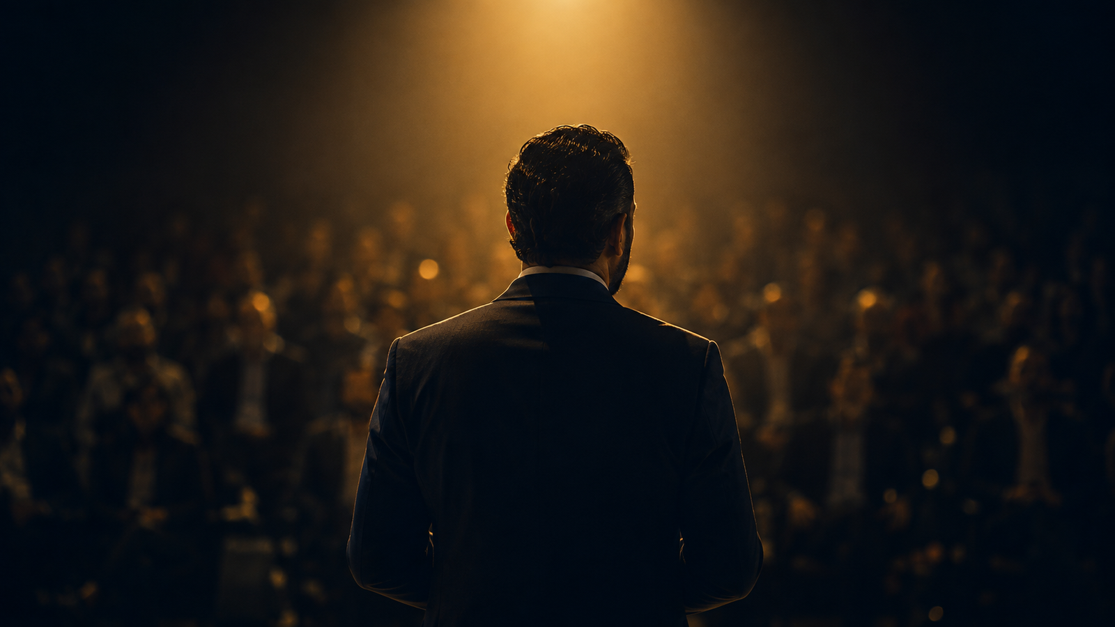 A leader facing a room from the front, backlit